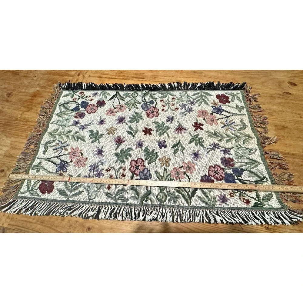 Floral Tapestry Rug 20x36 Cotton Woven Accent Throw Mat Fringe Made in India